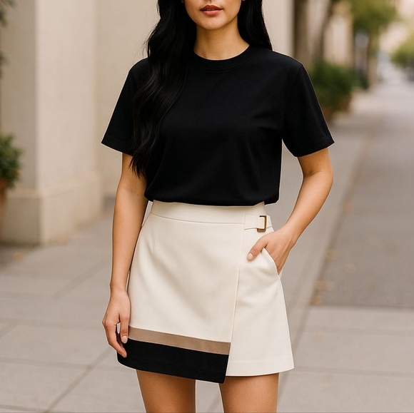 White House Black Market Dresses & Skirts - White House Black Market Ivory Tan Black Color Block Wrap Pencil Skirt